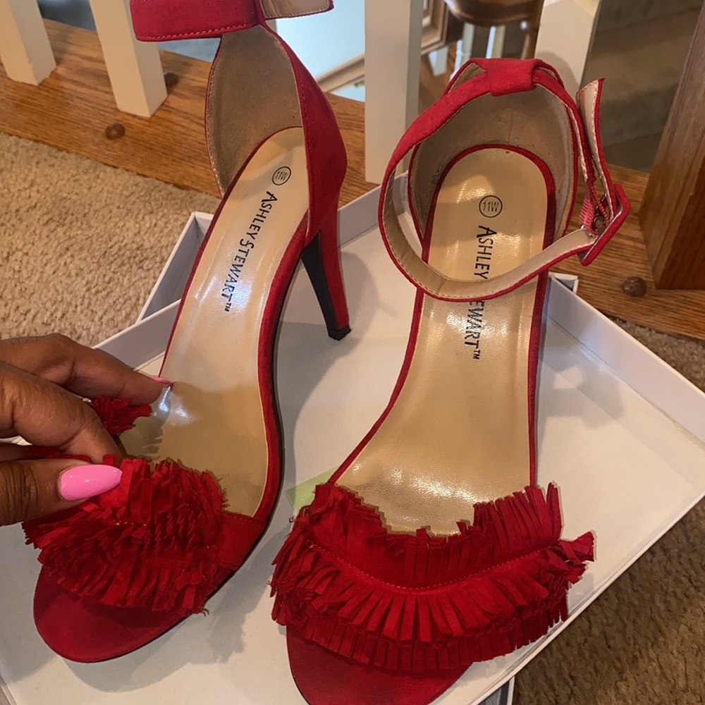Red suede ruffle tassel sandals